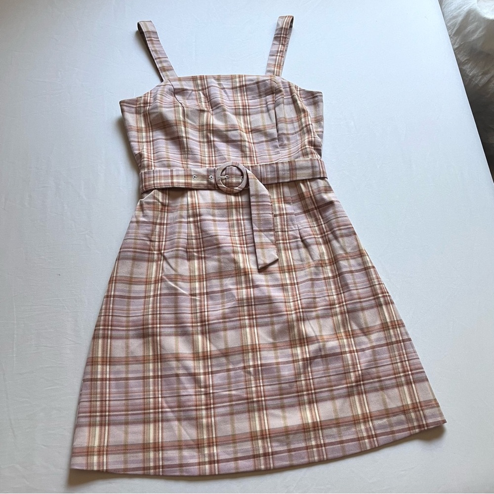 PRINCESS HIGHWAY light lavender pink purple dusty orange plaid belted mini dress